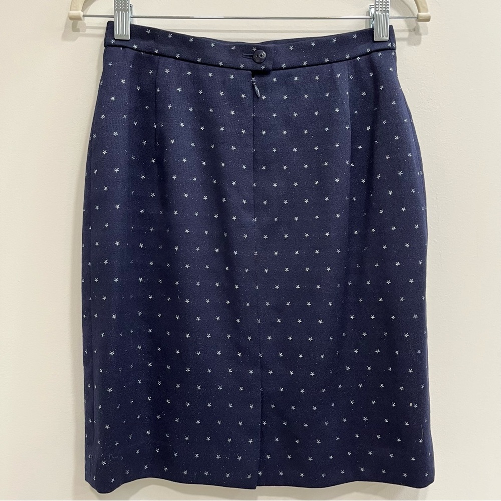 Escada navy blue double breasted wool skirt suit metallic silver star print - Picture 5 of 14